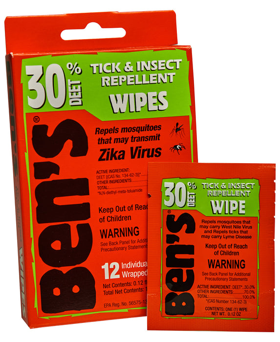 Ben's 00067085 30  Odorless Scent Wipes Repels Ticks & Biting Insects 12