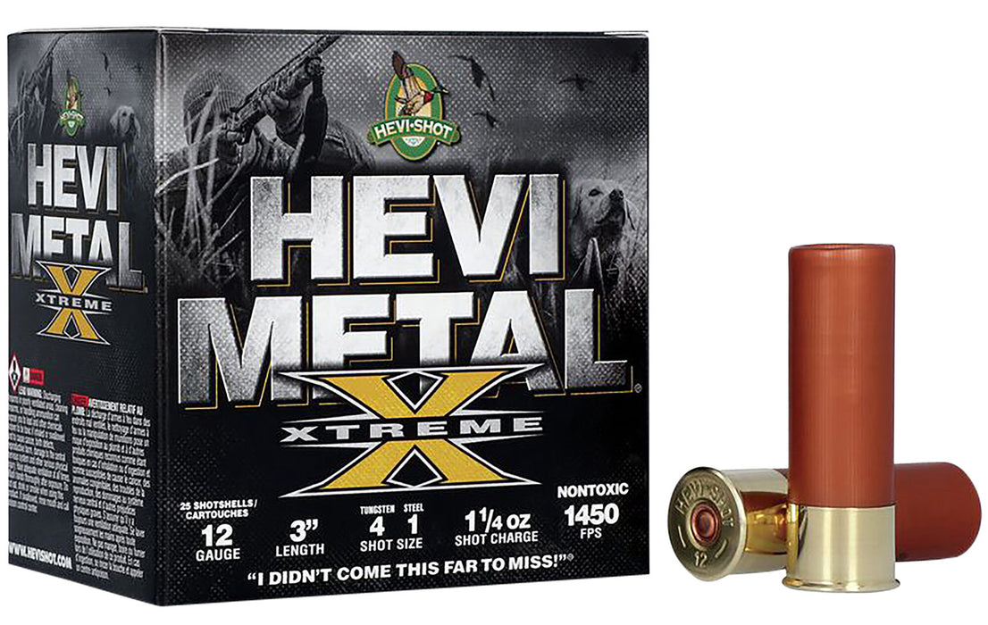 HEVI-Shot HS38122 Metal Xtreme Waterfowl 12 Gauge 3" 1 1/4 oz Steel, Tungsten 4 & 1 Shot 25 Per Box/ 10 Cs