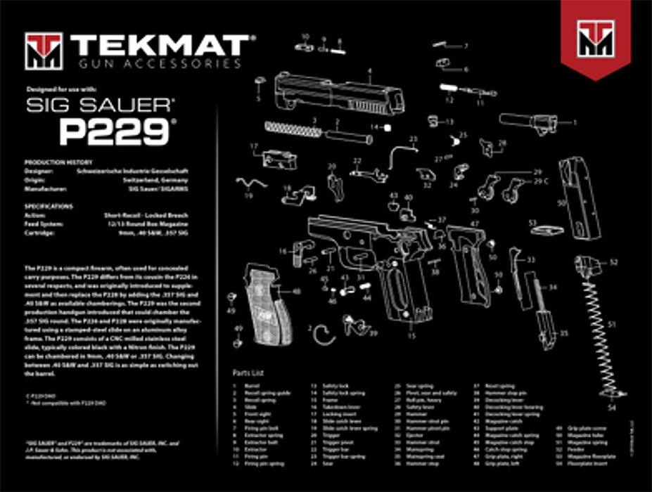 TekMat TEKR20SIGP229 Sig Sauer P229 Ultra 20 Cleaning Mat Sig P229 Parts Diagram 15" x 20"