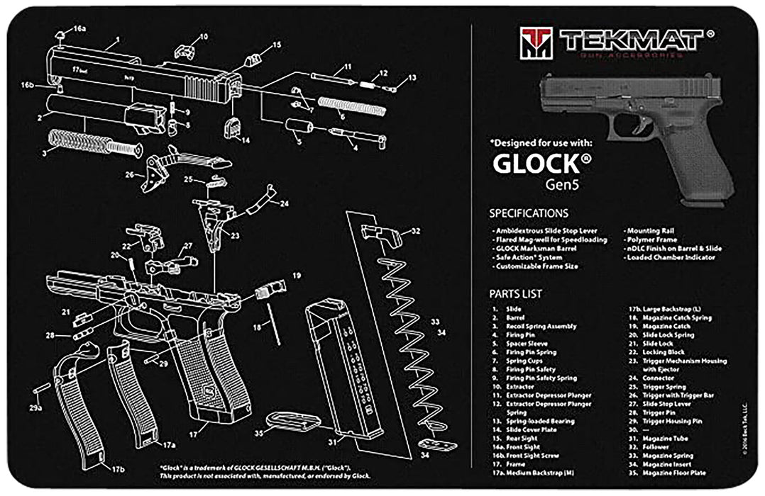 TekMat TEKR20GLOCK-G5 Glock Gen 5 Ultra 20 Cleaning Mat Glock Gen5 Parts Diagram 15" x 20"