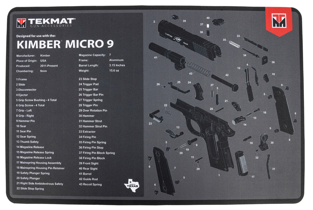 TekMat TEKR17KIMBERMCR9 Kimber Micro 9 Cleaning Mat Kimber Micro 9 Parts Diagram 11" x 17"