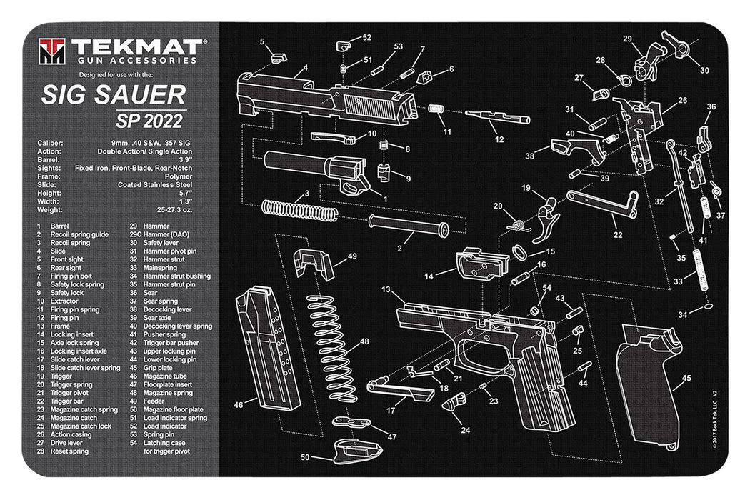 TekMat TEKR17SIGSP2022 Sig Sauer SP2022 Cleaning Mat Sig SP2022 Parts Diagram 11" x 17"