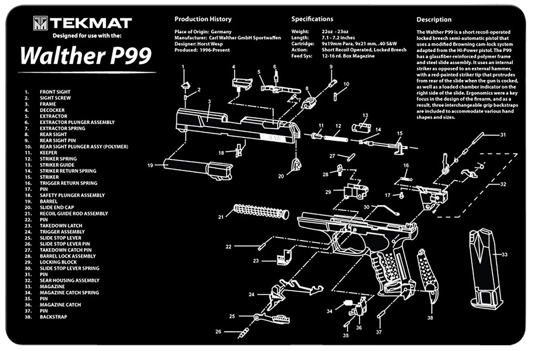 TekMat TEKR17WALP99 Walther P99 Cleaning Mat Walther P99 Parts Diagram 11" x 17"