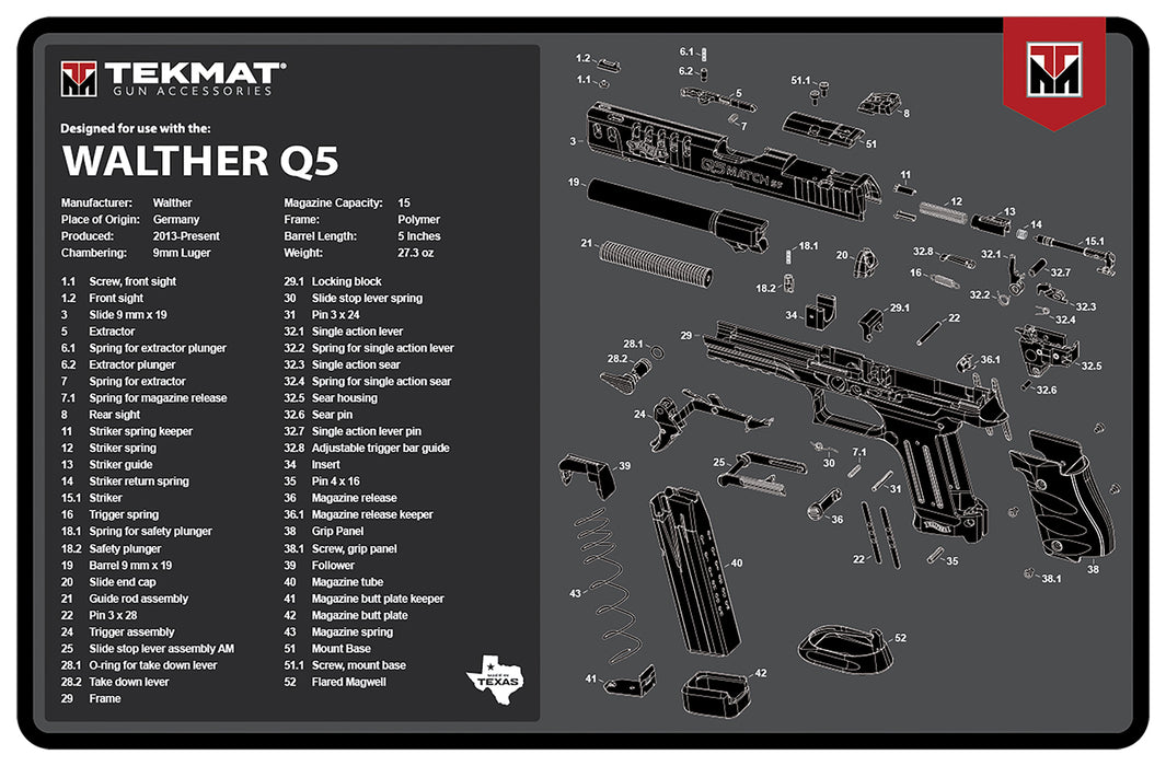 TekMat TEKR17WALQ5SF Walther Q5 SF Cleaning Mat Black/Gray Rubber 11"x17" Walther Q5 Parts Diagram
