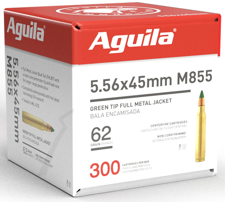 Aguila 1E556125 Green Tip M855 5.56x45mm NATO 62 gr Full Metal Jacket Boat-Tail (FMJBT) 300 Per Box/ 4 Cs