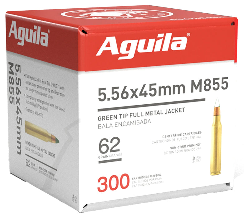 Aguila 1E556125 Green Tip M855 5.56x45mm NATO 62gr Full Metal Jacket Boat Tail 300 Per Box/4 Case