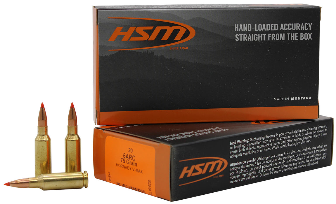 HSM 6ARC1N Centerfire Rifle V-Max 6mm ARC 75 gr Jacketed Hollow Point (JHP) 20 Per Box/ 25 Cs