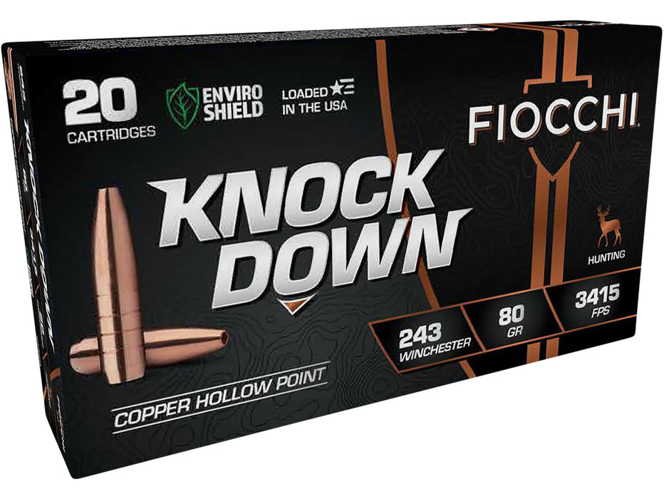 Fiocchi 243CHA Knock Down Hunting 243 Win 80 gr Hollow Point (HP) 20 Per Box/ 10 Cs