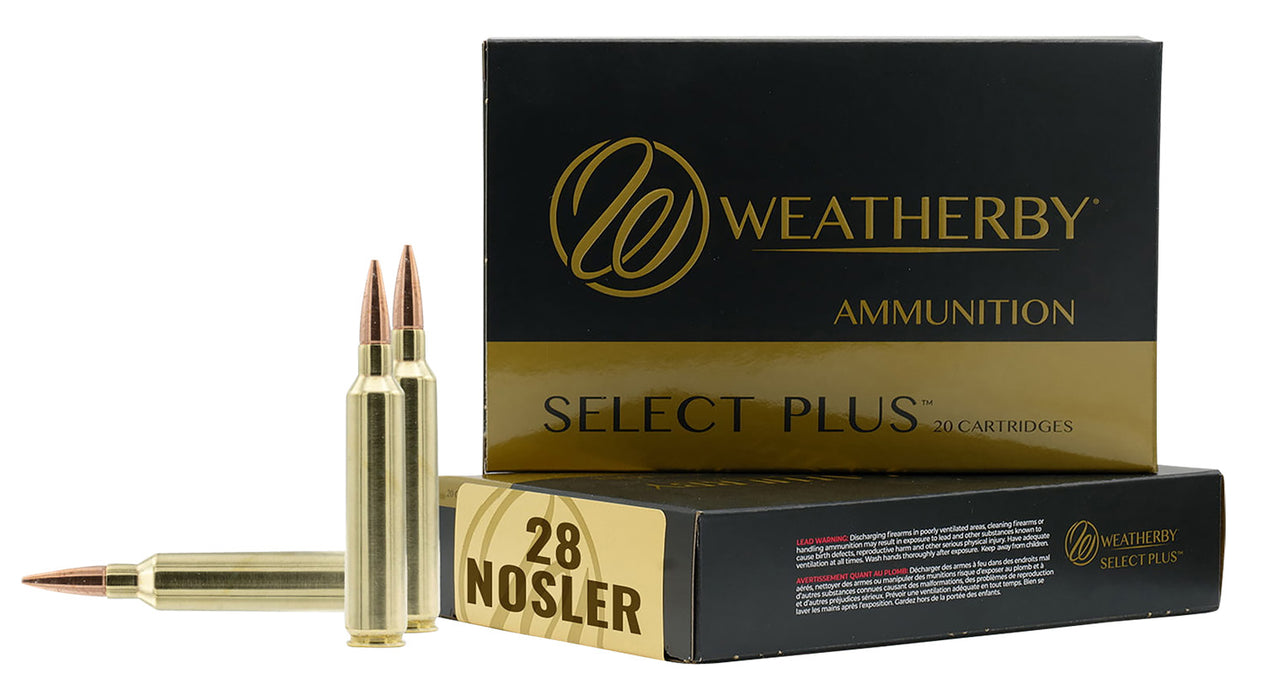 Weatherby F28NOS150SCO Select Plus  28 Nosler 150 gr 20 Per Box 10 Cs