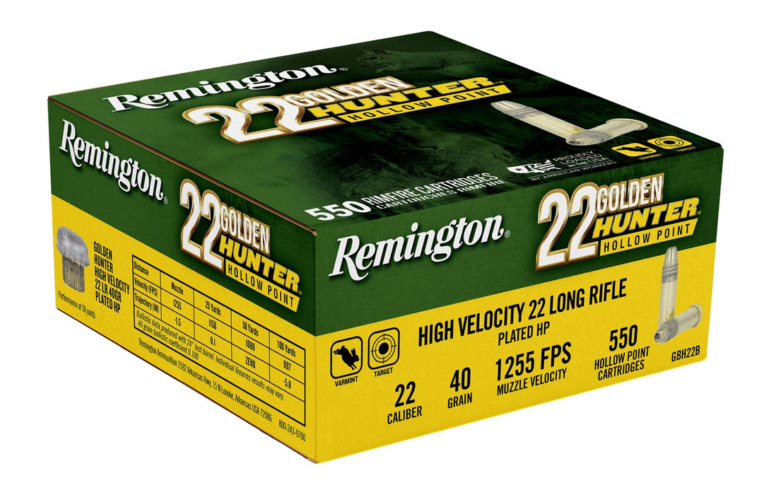 Remington Ammunition R21253 Golden Hunter  22LR 40gr Plated Hollow Point 550 Per Box/12 Case
