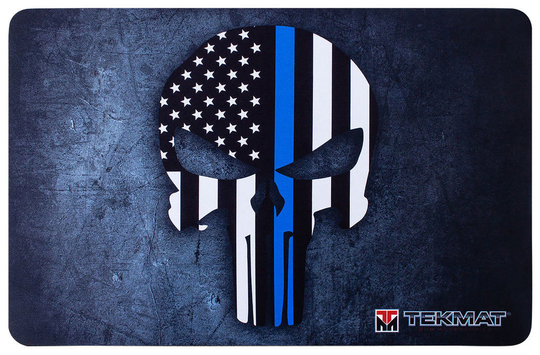 TekMat TEKR17PUNISHERBL Punisher Blue Line Cleaning Mat 17"x11" Black/White/Blue Thermoplastic Fiber Top w/Vulcanized Rubber Back/ Blue Line Punisher Skull Illustration