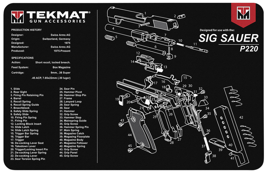 TekMat TEKR17SIGP220 Sig Sauer P220 Cleaning Mat 17"x11" Black/White Thermoplastic Fiber Top w/Vulcanized Rubber Back/ Sig Sauer P220 Parts Diagram Illustration