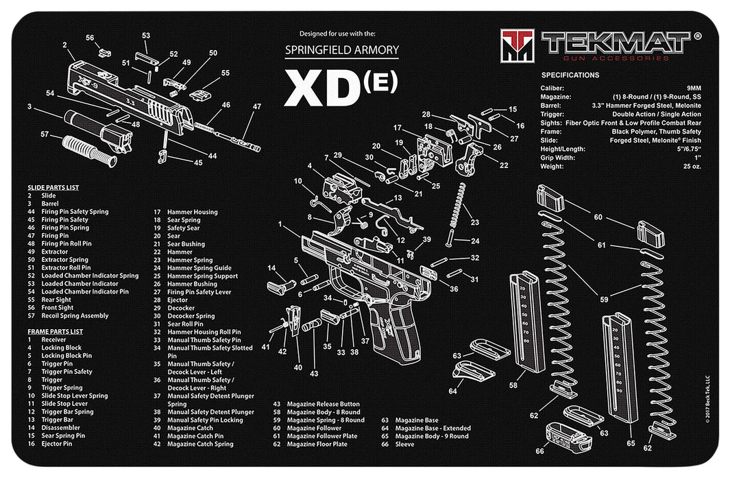 TekMat TEKR17XDE Springfield Armory XDe Cleaning Mat 17"x11" Black/White Thermoplastic Fiber Top w/Vulcanized Rubber Back/ Springfield Armory XDe Illustration