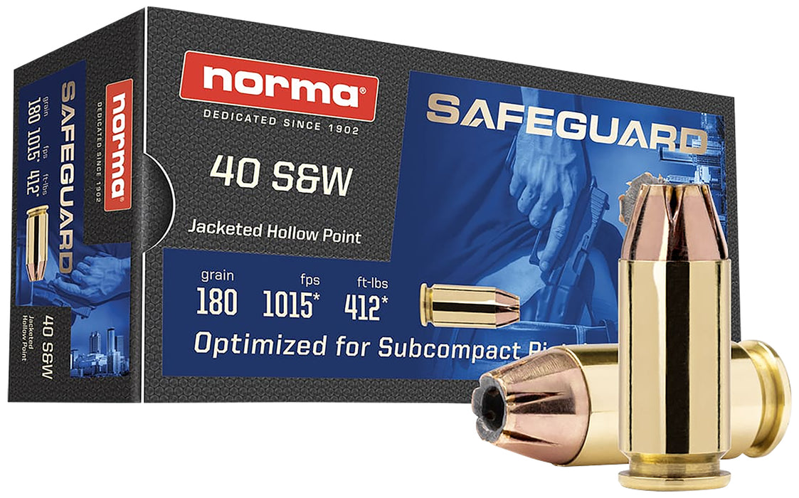 Norma Ammunition 801407727  Safeguard 40 S&W 180 gr Jacketed Hollow Point 50 Per Box/ 20 Case