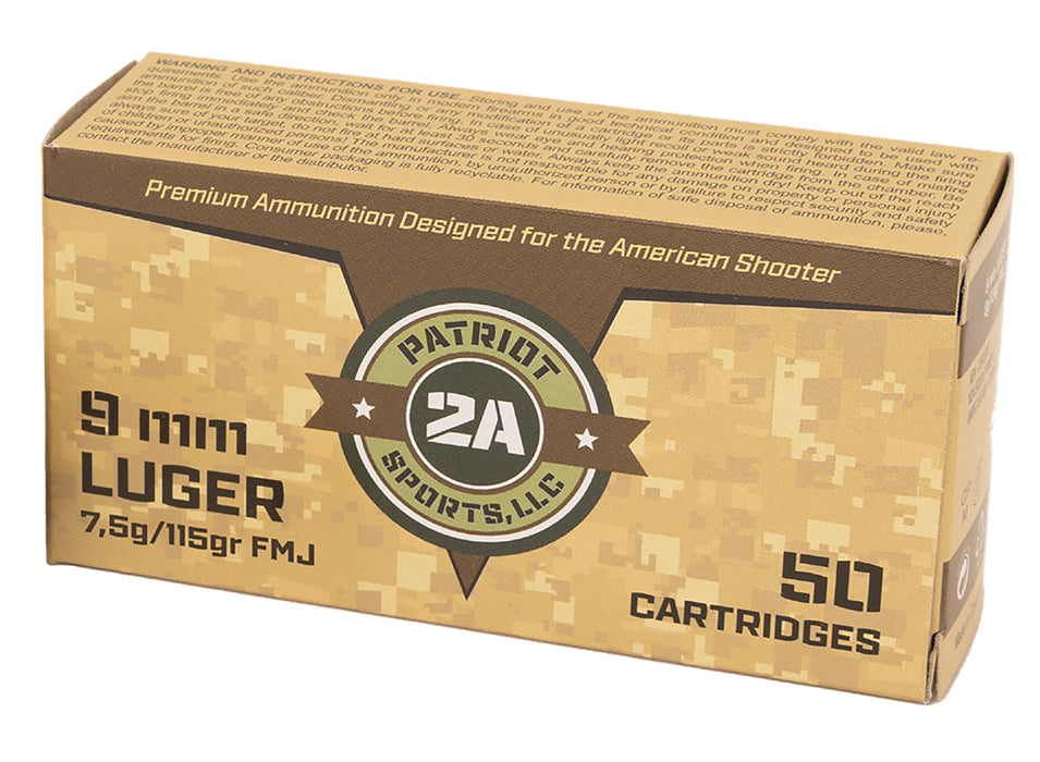 PATRIOT SPORTS LLC P9MM115FThe Patriot Defense Ammunition 9mm Luger ammunition with a 115 Grain Full Metal Jacket Projectile & Brass Case.