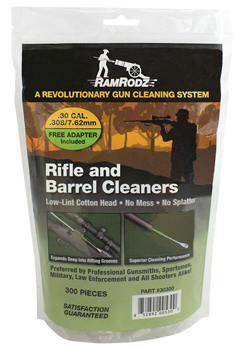 RamRodz 30300 Rifle & Barrel Cleaning Swabs 7.62mm/30/308 Cal Rifle Firearm Cotton/Bamboo 3" Long 300 Per Bag Includes Rifle Adapter