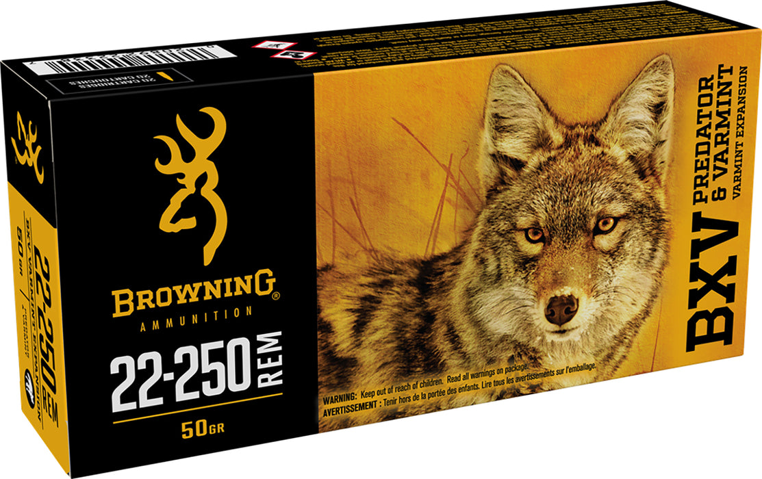 Browning Ammo B192322250 BXV Predator & Varmint 22-250 Rem 50 gr 3800 fps Varmint Expansion Polymer Tip 20 Bx/10 Cs