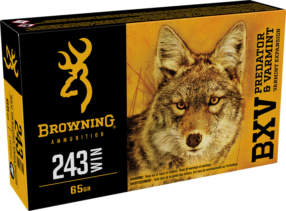 Browning Ammo B192302431 BXV Predator & Varmint 243 Win 65 gr 3400 fps Varmint Expansion Polymer Tip 20 Bx/10 Cs