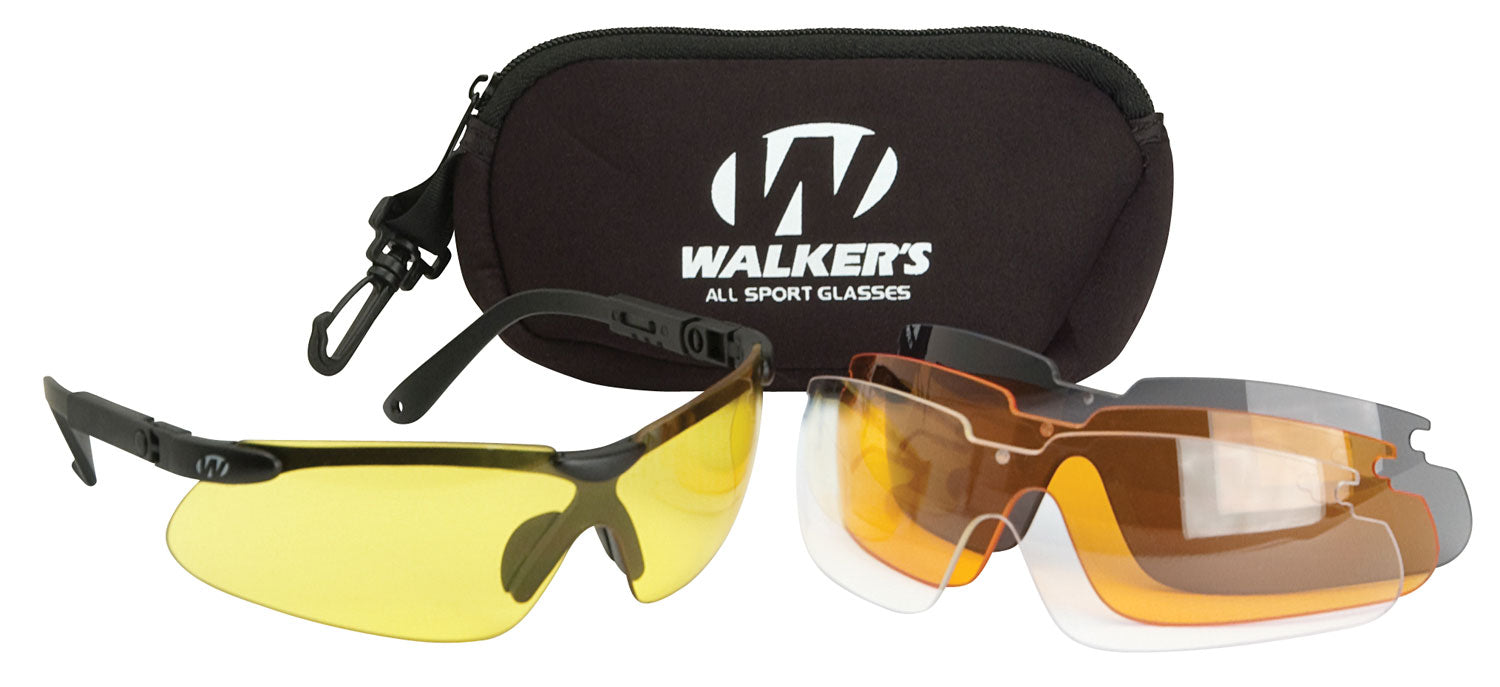 Walker's GWPASG4L2 Sport Glasses Combo Kit Adult Clear Lens Smoke Gray Lens Amber Lens Yellow Lens Polycarbonate Black Frame