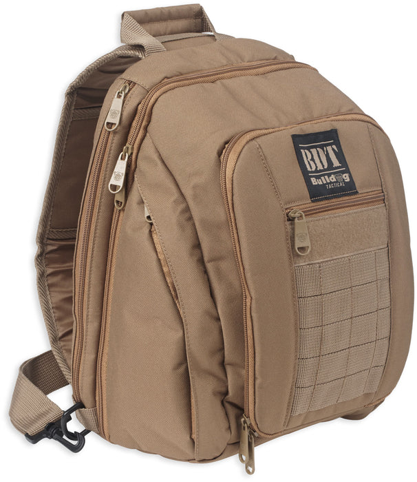 Bulldog BDT408T BDT Tactical Sling Pack Small Style made of Nylon with Tan Finish, Padded Compartments, Conceal Carry Pockets & Includes Universal Holster 14" H x 10" W x 7" D