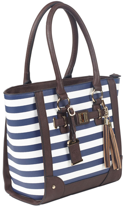 Bulldog BDP050 Tote Purse w/Holster Navy Stripe Leather Most Sm Pistols & Revolvers Right Hand