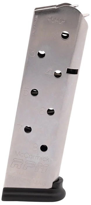 CMC Products 17130 Power Mag Railed 8rd 45 ACP Fits 1911 Government Stainless Steel w/ Black Base Pad