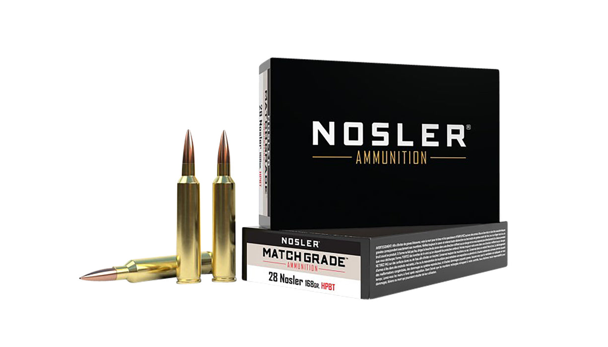 Nosler 51287 Match Grade  28 Nosler 168 gr 3075 fps Custom Competition Hollow Point Boat-Tail (CCHPBT) 20 Bx/10 Cs