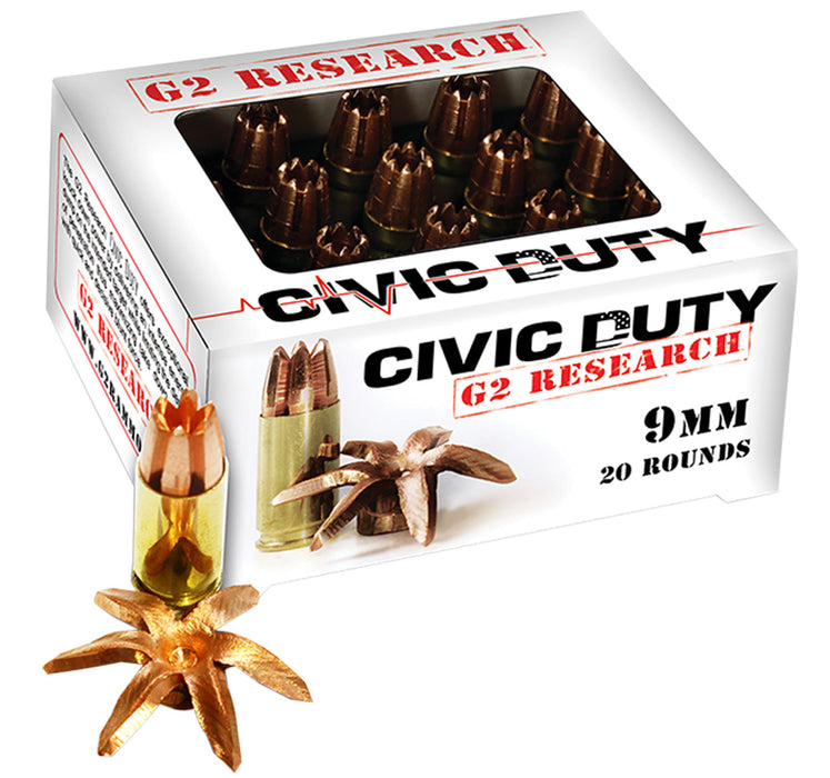 G2 Research CIVIC9MM Civic Duty  9mm Luger 100 gr Copper Expansion Projectile (CEP) 20 Per Box/25 Cs