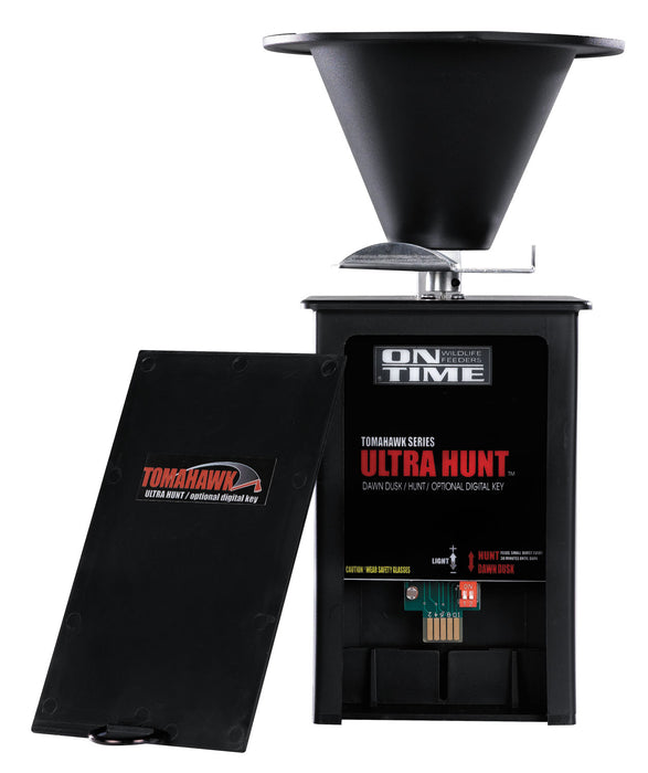 On Time 43005 Tomahawk Ultra Hunt Feeder Black Waterproof High-Impact Composite, Heavy Duty Motor, Dawn-Dusk Mode Operation, 4 Feed Times with 1-20 Second Duration, Universal Mount