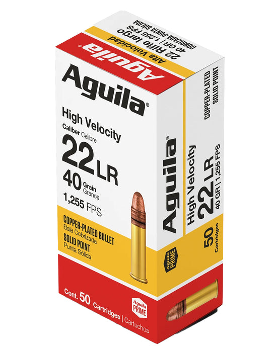 Aguila 1B220328 Super Extra High Velocity 22 LR 40 gr Copper-Plated Solid Point 50 Per Box/40 Cs