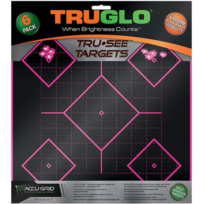 TruGlo TG14P6 Tru-See 5- Diamond Target Black/Pink Self-Adhesive Paper Universal Heavy Paper Yes Impact Enhancement Pink 6 Pack Includes Pasters