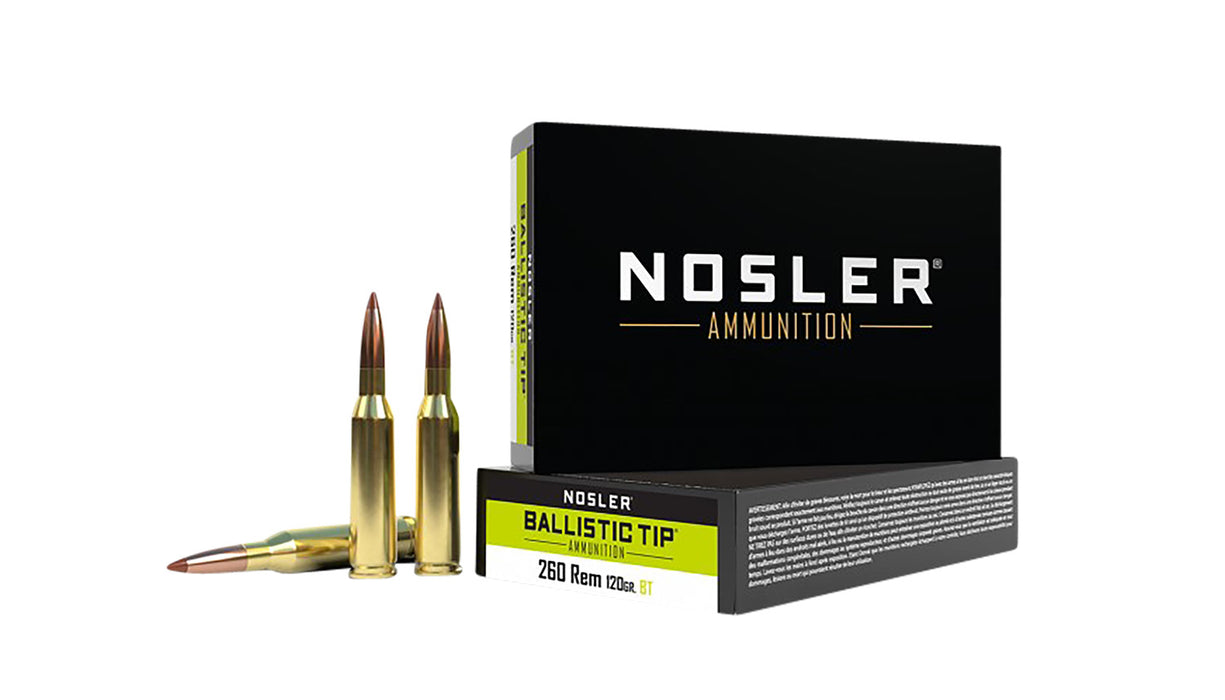 Nosler 40056 Ballistic Tip  260 Rem 120 gr 2850 fps Spitzer Ballistic Tip (SBT) 20 Bx/10 Cs