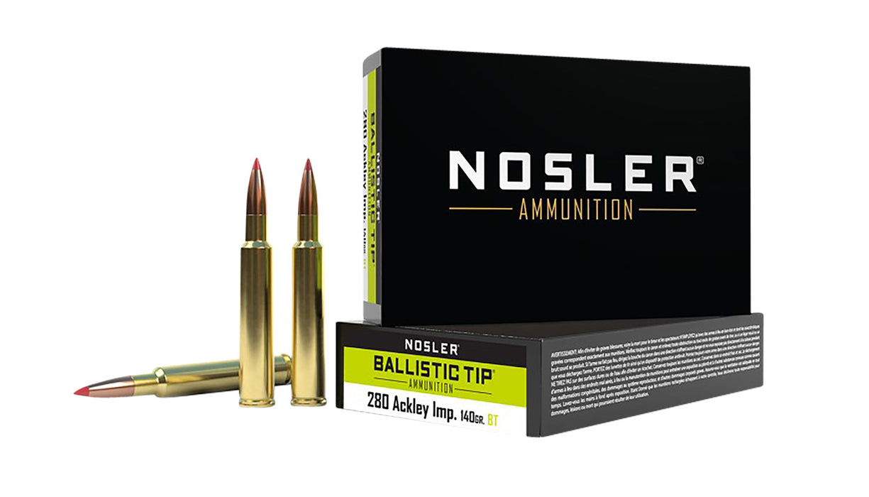 Nosler 43504 Ballistic Tip  280 Ackley Improved 140 gr 3200 fps Spitzer Ballistic Tip (SBT) 20 Bx/10 Cs