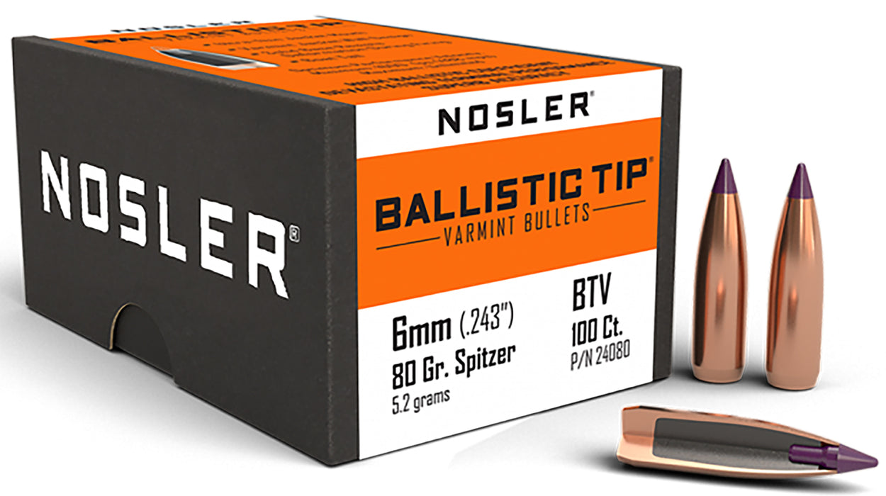 Nosler 24080 Ballistic Tip  6mm .243 80 gr Spitzer Point/ 100 Per Box