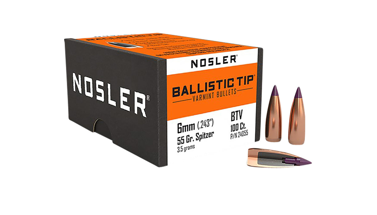 Nosler 24055 Ballistic Tip  6mm .243 55 gr Spitzer/ 100 Per Box