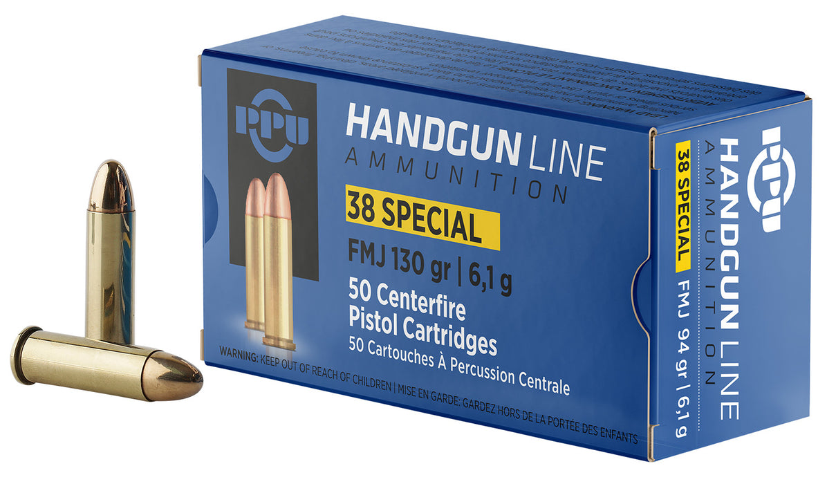 PPU PPH38SF Handgun  38Special 130gr Full Metal Jacket 50 Per Box/10 Case