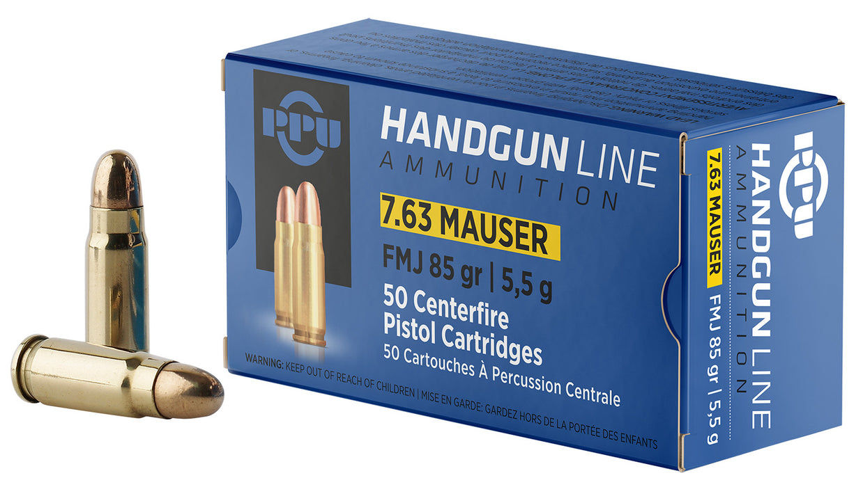 PPU PPH763 Handgun  7.63mmMauser 85gr Full Metal Jacket 50 Per Box/10 Case