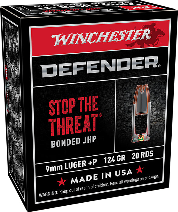 Winchester Ammo S9MMPDB Defender  9mmLuger+P 124gr Bonded Jacket Hollow Point 20 Per Box/10 Case
