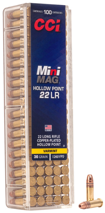 CCI 0031 Mini-Mag  22 LR 36 gr 1260 fps Copper Plated Hollow Point (CPHP) 100 Bx/50 Cs