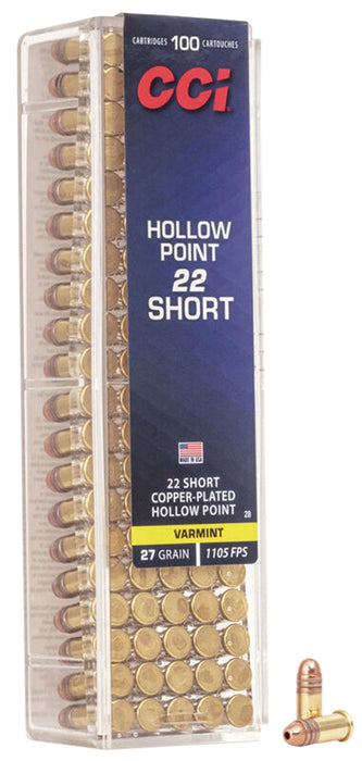 CCI 0028 Varmint  22 Short 27 gr 1105 fps Copper Plated Hollow Point (CPHP) 100 Bx/50 Cs