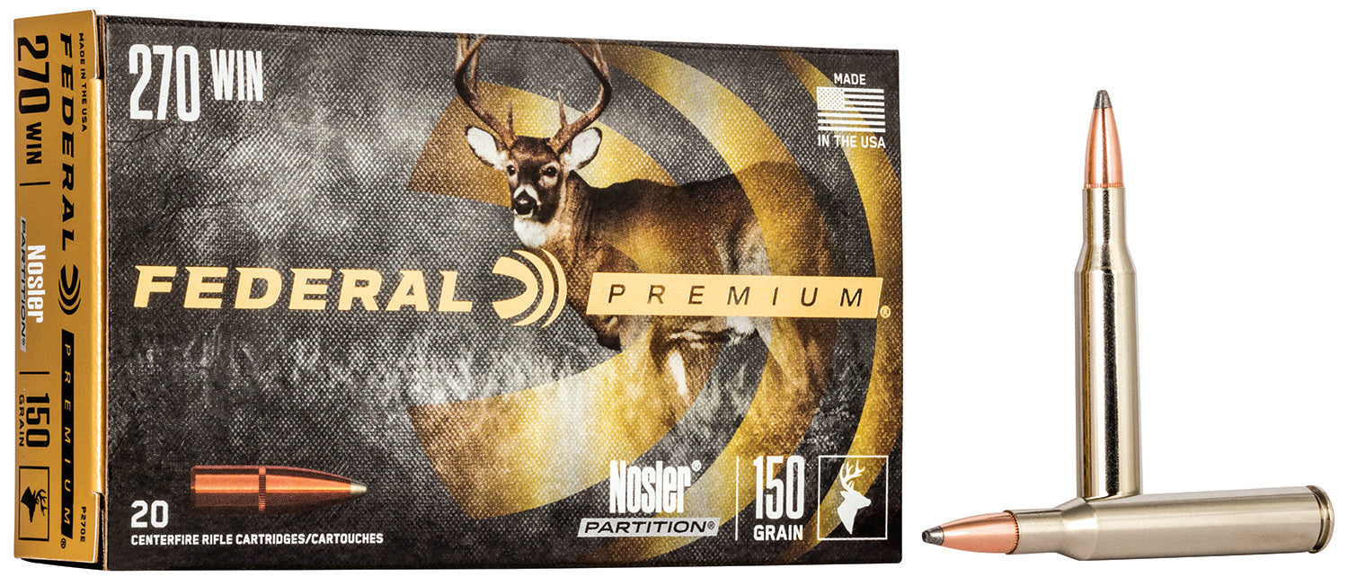 Federal P270E Premium  270 Win 150 gr 2830 fps Nosler Partition (NP) 20 Bx/10 Cs