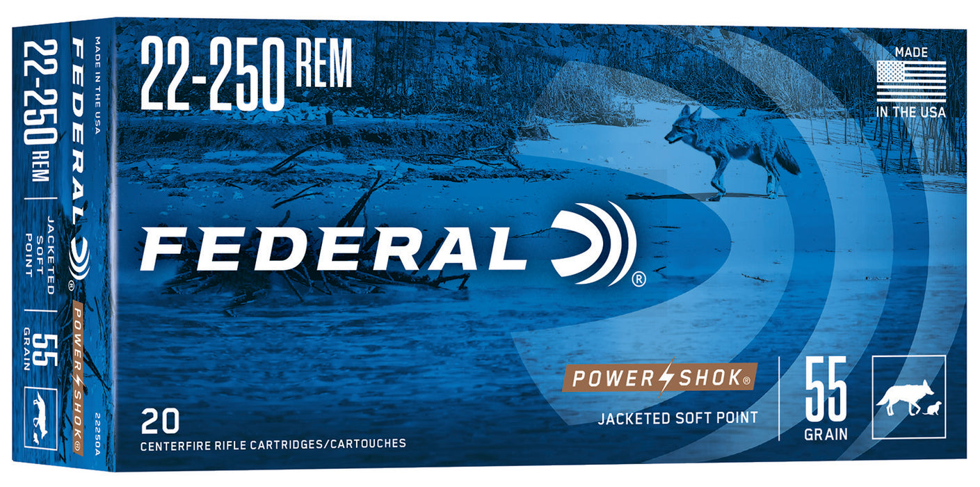 Federal 22250A Power-Shok  22-250Rem 55gr Jacketed Soft Point 20 Per Box/10 Case