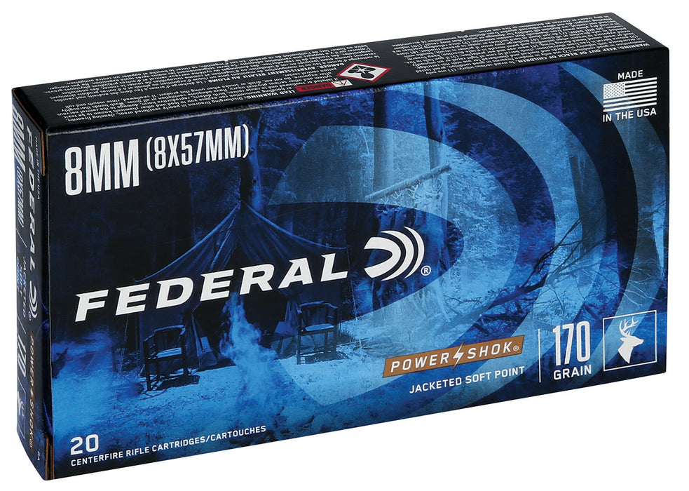 Federal 8A Power-Shok  8mm Mauser 170 gr 2250 fps Jacketed Soft Point (JSP) 20 Bx/10 Cs