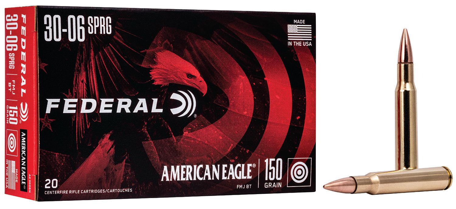 Federal AE3006N American Eagle  30-06 Springfield 150 gr 2910 fps Full Metal Jacket Boat-Tail (FMJBT) 20 Bx/25 Cs