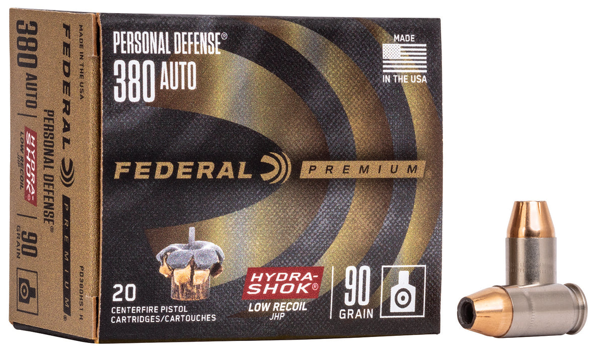 Federal PD380HS1H Premium Personal Defense Low Recoil 380 ACP 90 gr Hydra-Shok Jacketed Hollow Point 20 Per Box/10 Cs