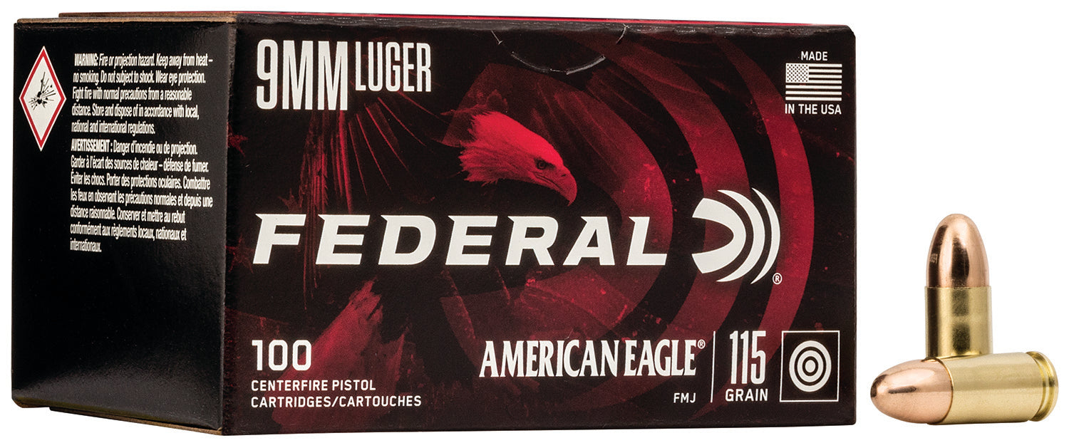 Federal AE9DP100 American Eagle  9mm Luger 115 gr Full Metal Jacket (FMJ) 100 Per Box/5 Cs