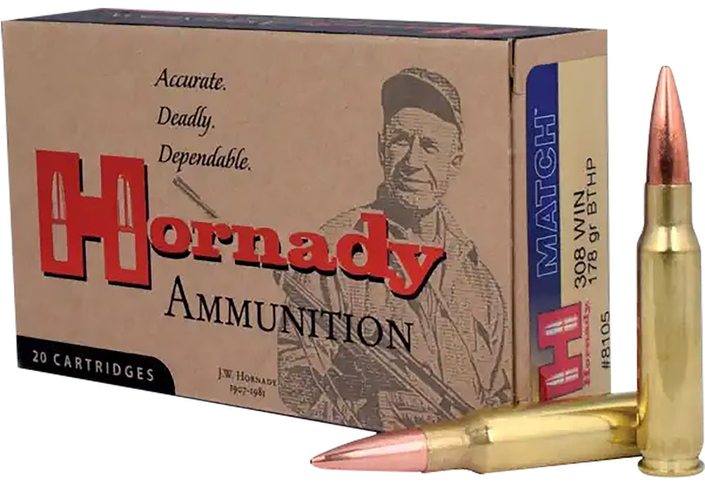 Hornady 8105 Match  308 Win 178 gr 2600 fps Hollow Point Boat-Tail Match (HPBTM) 20 Bx/10 Cs