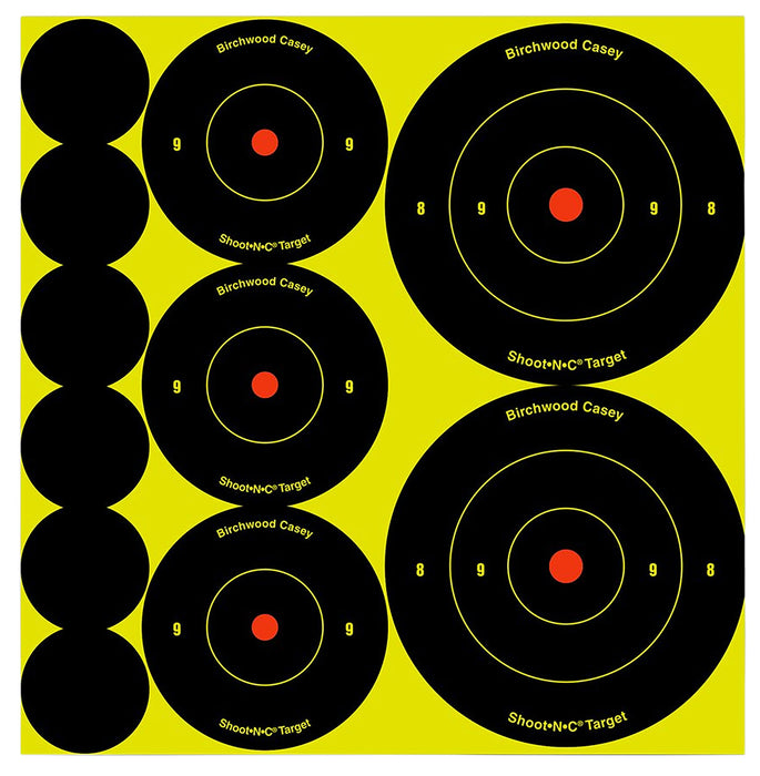 Birchwood Casey 34608 Shoot-N-C Reactive Target Variety Pack Self-Adhesive Paper Universal Black/Yellow Bullseye 132 Targets