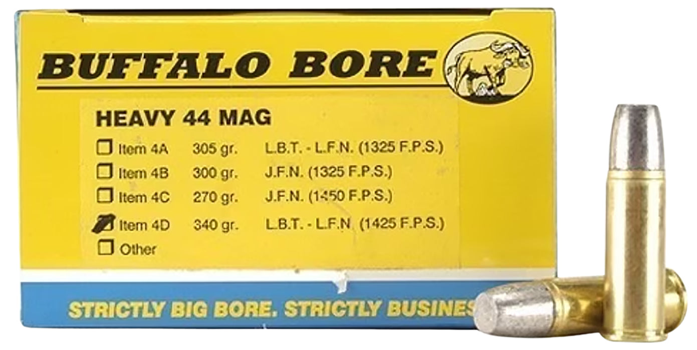 Buffalo Bore Ammunition 4D20 Heavy  44 Rem Mag +P+ 340 gr 1425 fps Lead Flat Nose (LFN) 20 Bx/12 Cs