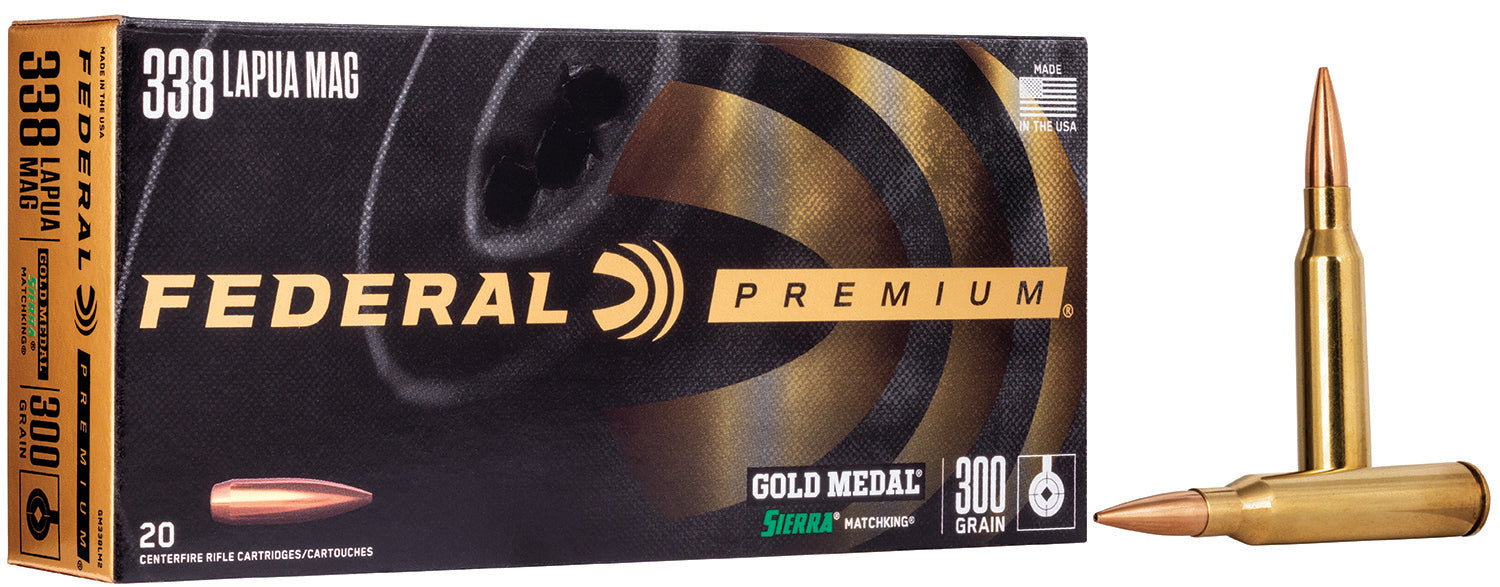 Federal GM338LM2 Premium Gold Medal 338 Lapua Mag 300 gr 2580 fps Sierra MatchKing BTHP 20 Bx/10 Cs